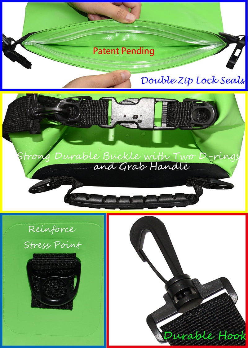 Freegrace Waterproof Dry Bags Set Of 3 Dry Bag With 2 Zip Lock Seals & Detachable Shoulder Strap, Waist Pouch & Phone Case - Can Be Submerged Into Water (Green, 20L) - Image 3